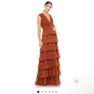 Layered brown plunge neckline full length dress designer